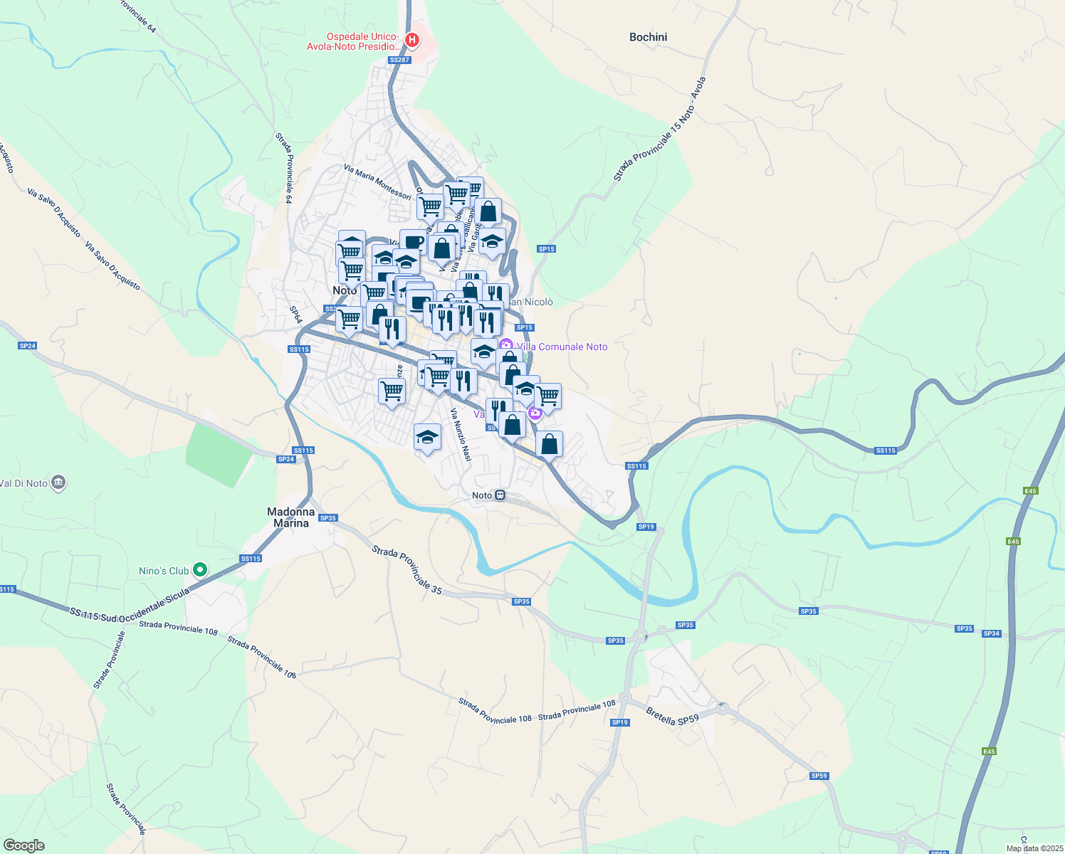 map of restaurants, bars, coffee shops, grocery stores, and more near 54 Via Napoli in Noto