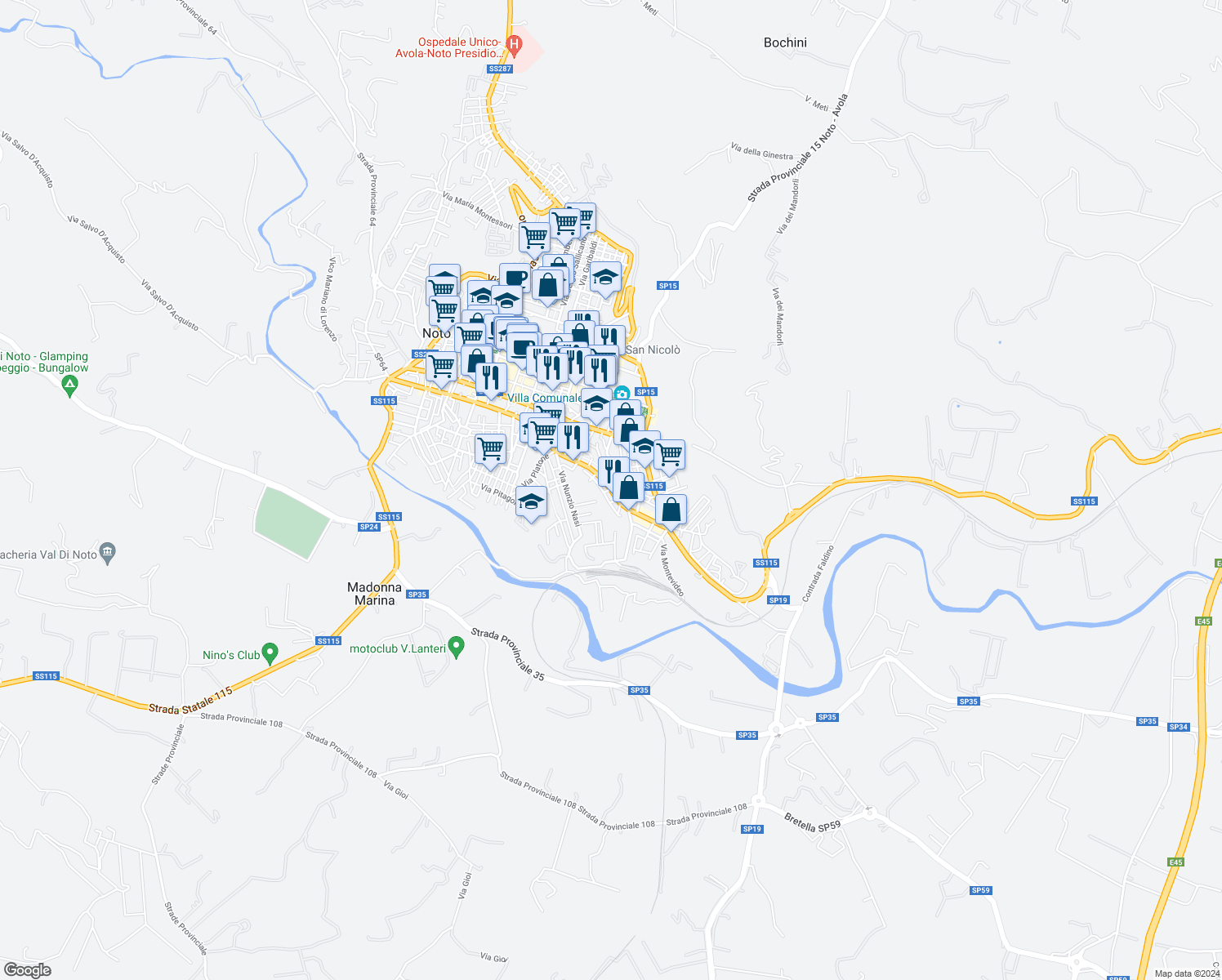 map of restaurants, bars, coffee shops, grocery stores, and more near 83 Viale Principe di Piemonte in Noto