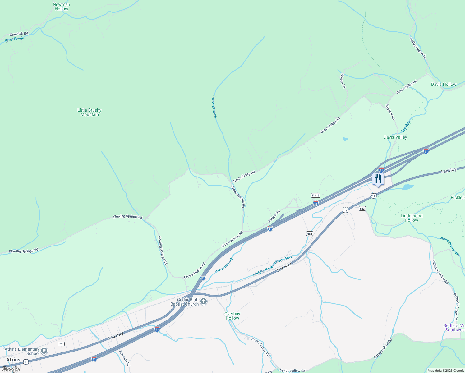 map of restaurants, bars, coffee shops, grocery stores, and more near 585 Crowe Hollow Road in Atkins