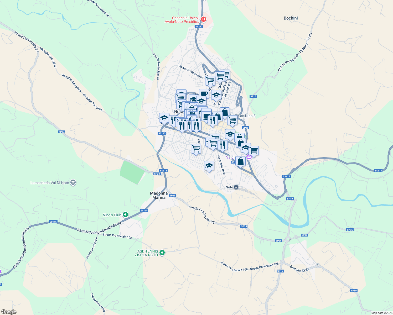 map of restaurants, bars, coffee shops, grocery stores, and more near 5 Via T. Natale in Noto