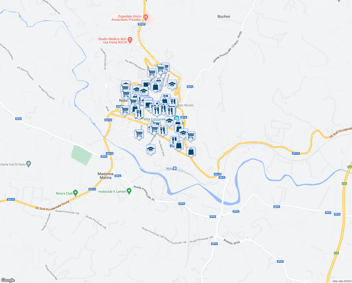 map of restaurants, bars, coffee shops, grocery stores, and more near 83 Viale Principe di Piemonte in Noto