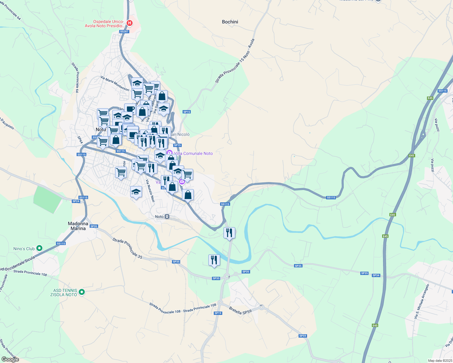 map of restaurants, bars, coffee shops, grocery stores, and more near Strada Statale 115 in Provincia di Siracusa