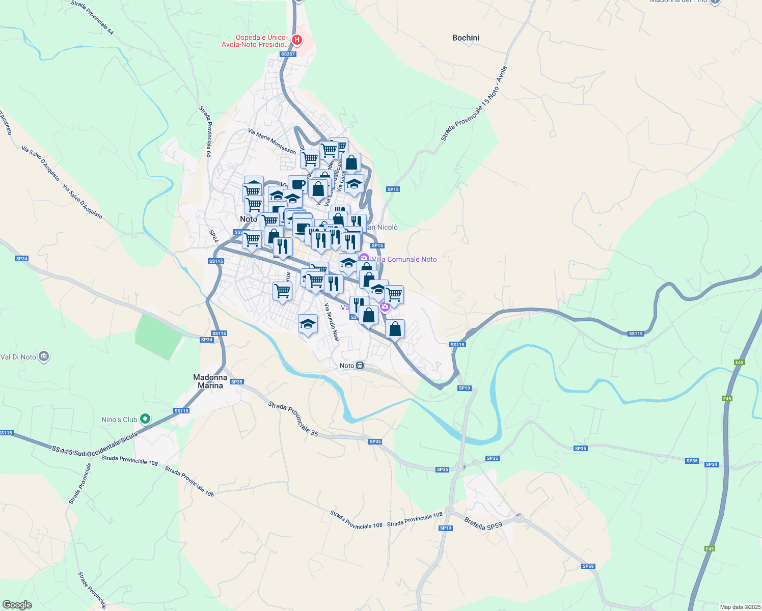 map of restaurants, bars, coffee shops, grocery stores, and more near 54 Via Napoli in Noto