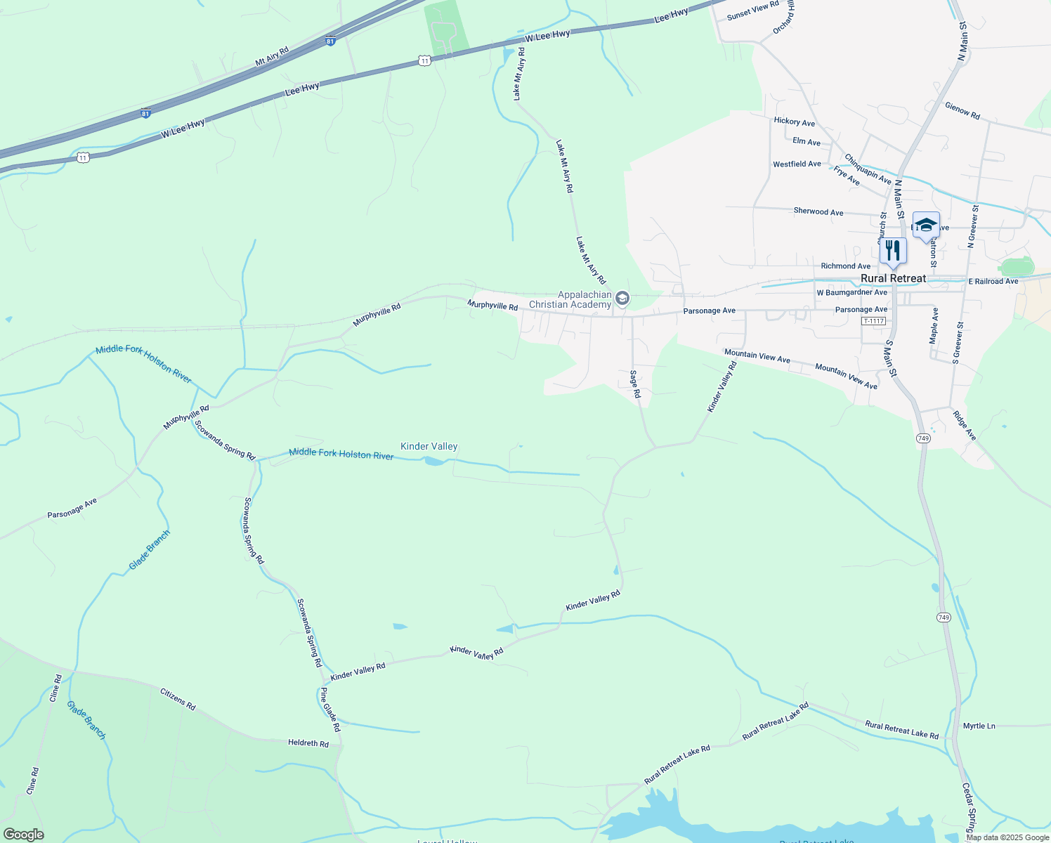 map of restaurants, bars, coffee shops, grocery stores, and more near 284 Vipperman Road in Rural Retreat