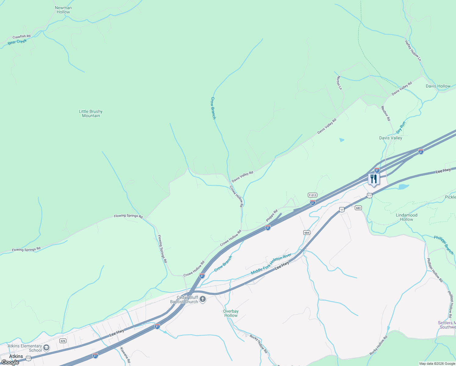 map of restaurants, bars, coffee shops, grocery stores, and more near 585-599 Crowe Hollow Road in Atkins