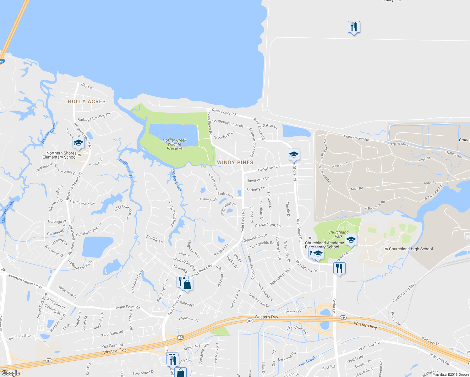 map of restaurants, bars, coffee shops, grocery stores, and more near 4409 Quail Point in Portsmouth