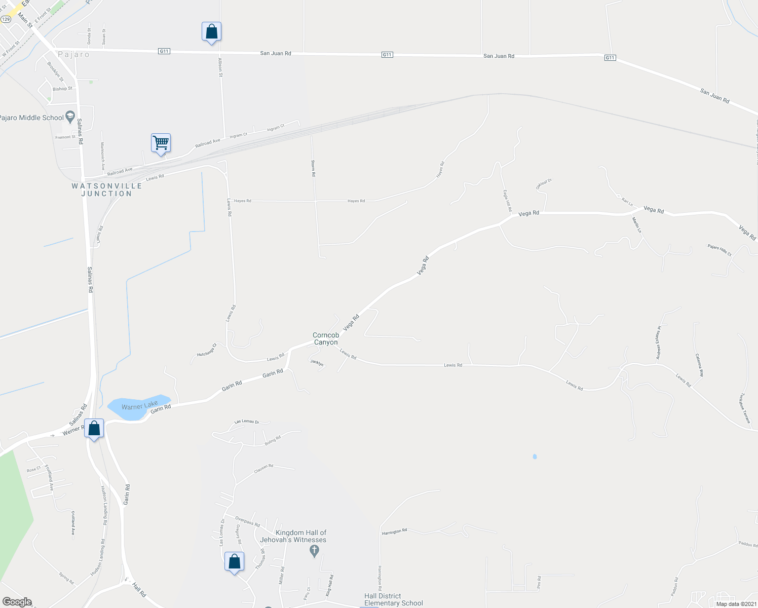 map of restaurants, bars, coffee shops, grocery stores, and more near 14425 Ridgecrest Road in Watsonville