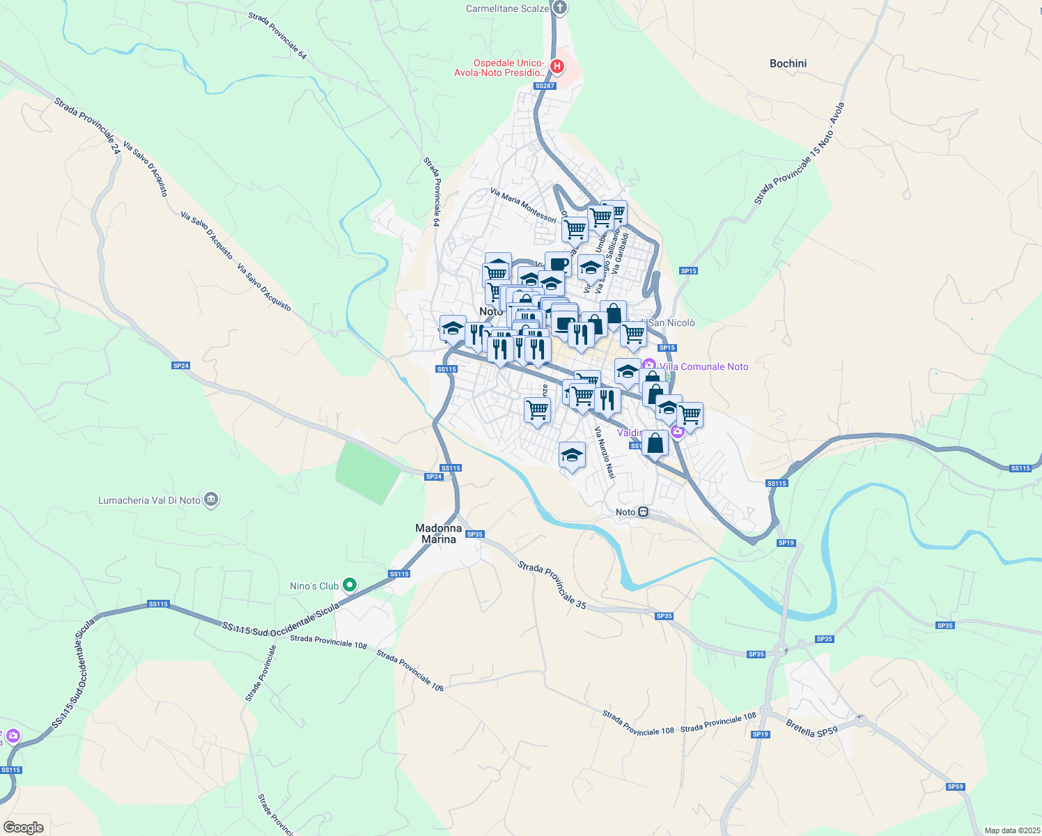 map of restaurants, bars, coffee shops, grocery stores, and more near 5 Via Tommaso Natale in Noto