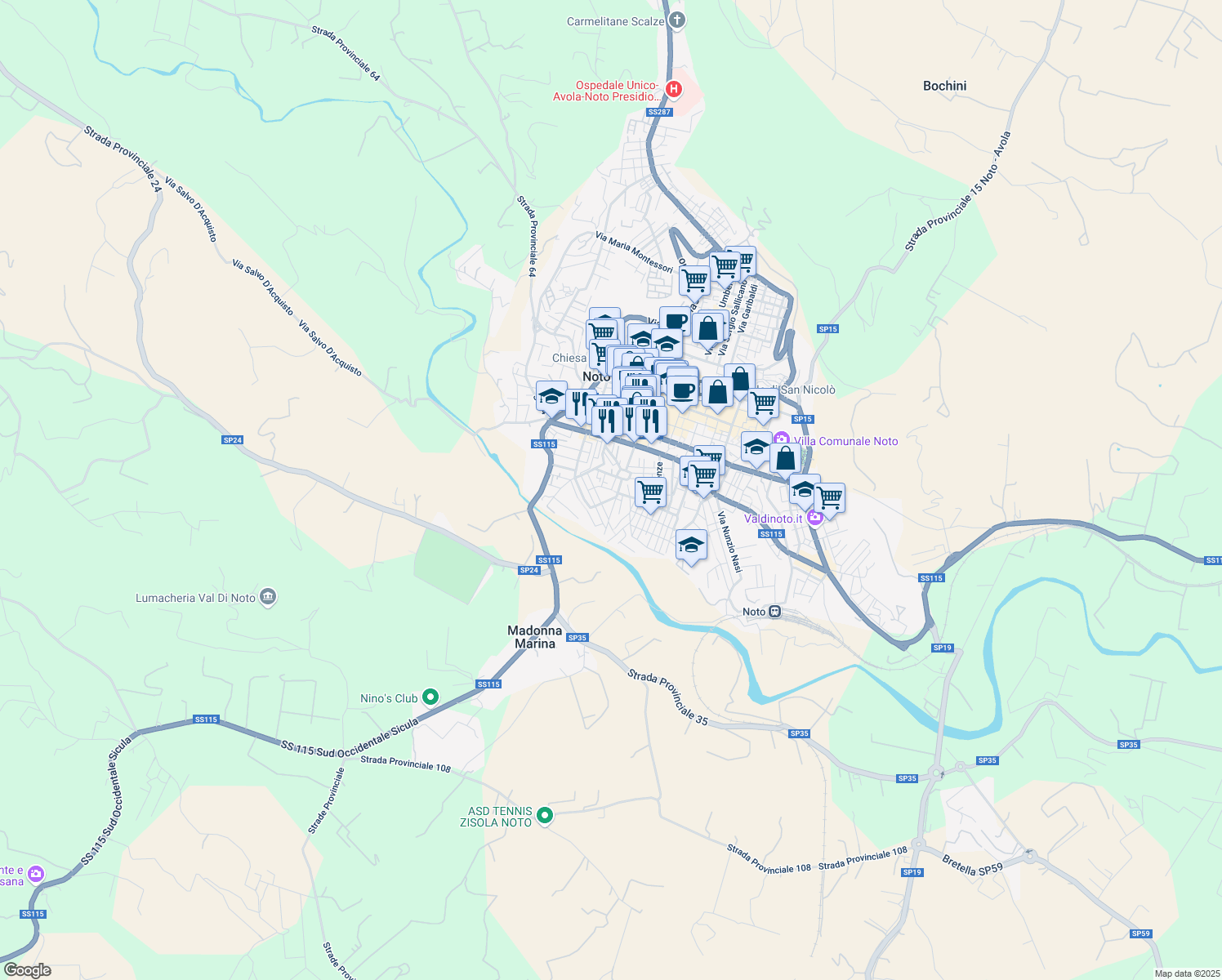 map of restaurants, bars, coffee shops, grocery stores, and more near Via Amerigo Vespucci in Noto