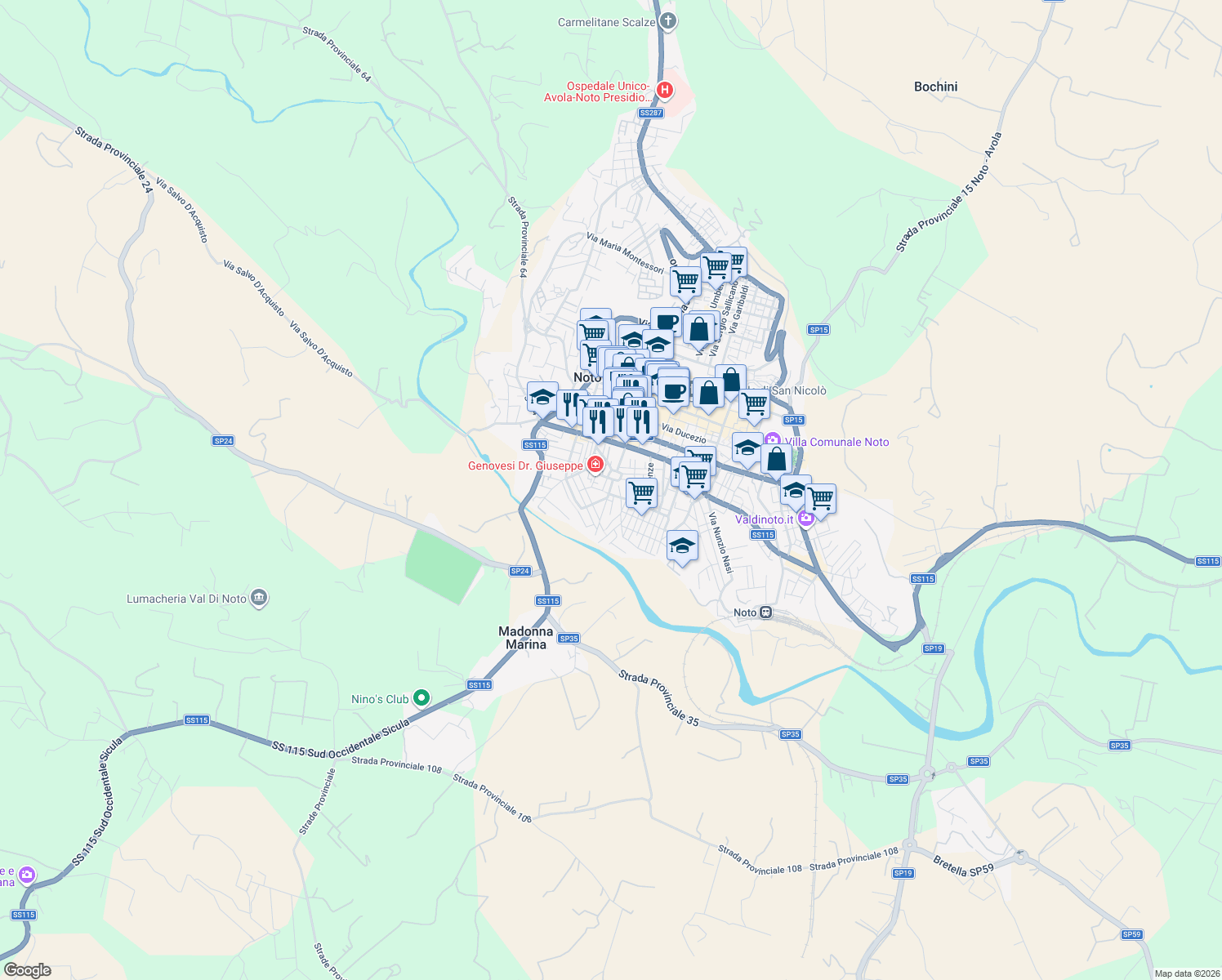 map of restaurants, bars, coffee shops, grocery stores, and more near 47 Via Amerigo Vespucci in Noto