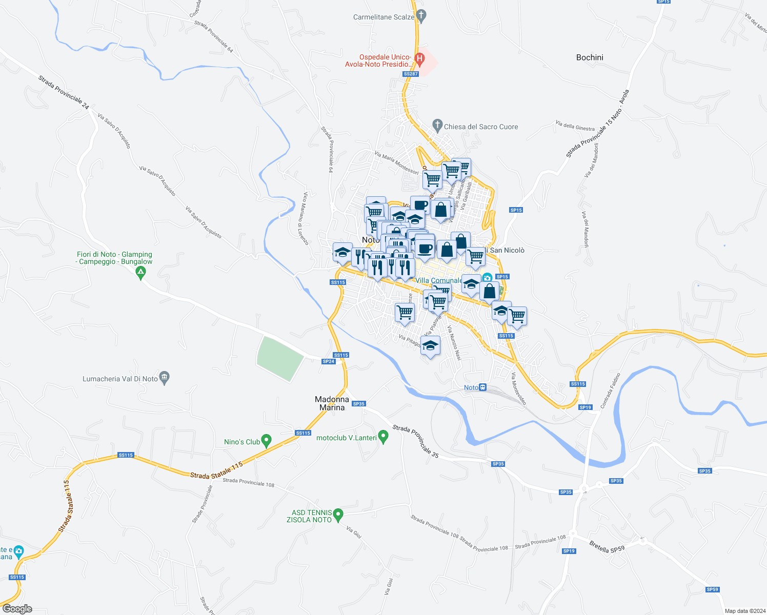 map of restaurants, bars, coffee shops, grocery stores, and more near 8 Via Giuseppe Verdi in Noto