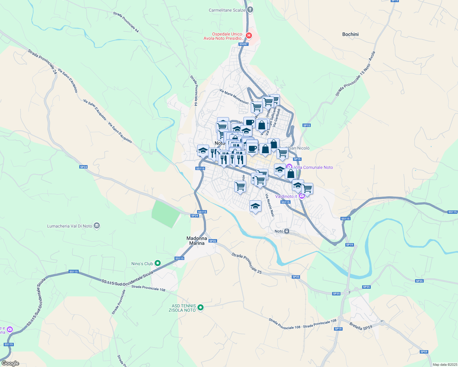 map of restaurants, bars, coffee shops, grocery stores, and more near 8 Via Giuseppe Verdi in Noto