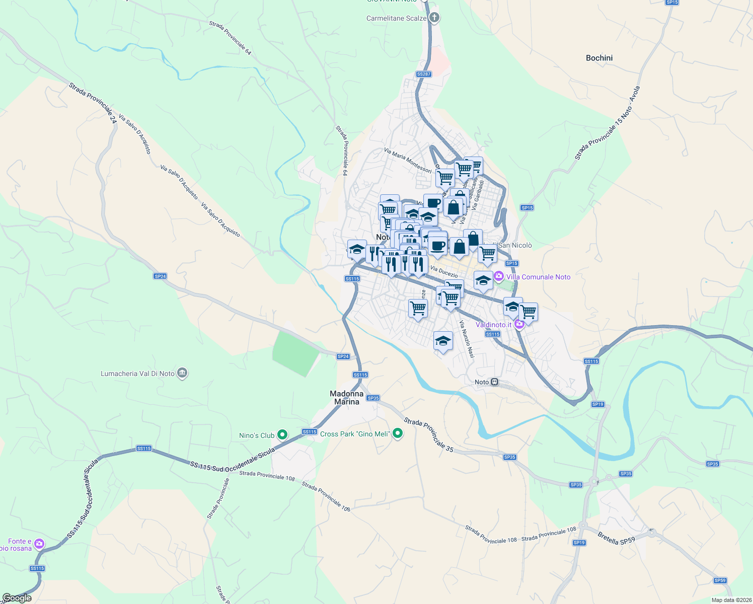 map of restaurants, bars, coffee shops, grocery stores, and more near 15 Via Gioacchino Rossini in Noto
