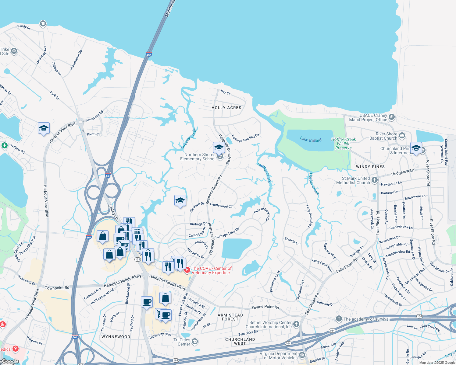 map of restaurants, bars, coffee shops, grocery stores, and more near 6303 Oaken Gate Drive South in Suffolk