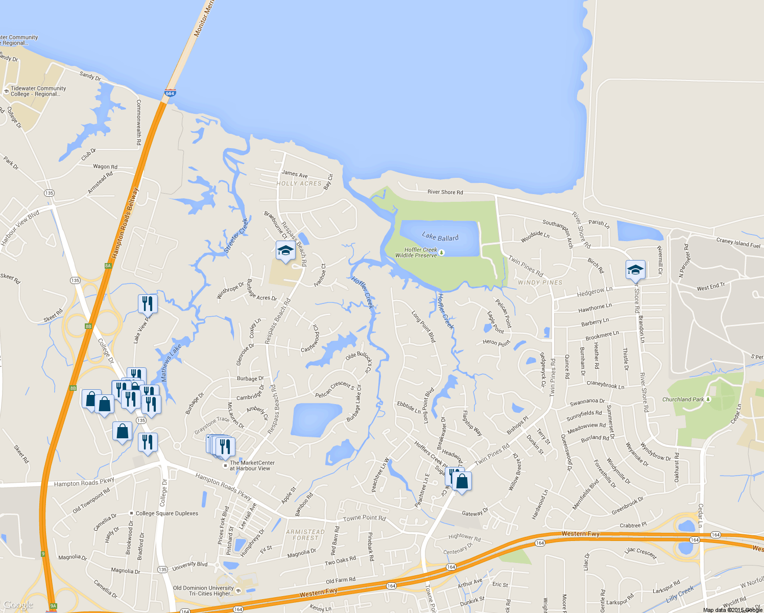 map of restaurants, bars, coffee shops, grocery stores, and more near 4047 Long Point Boulevard in Portsmouth