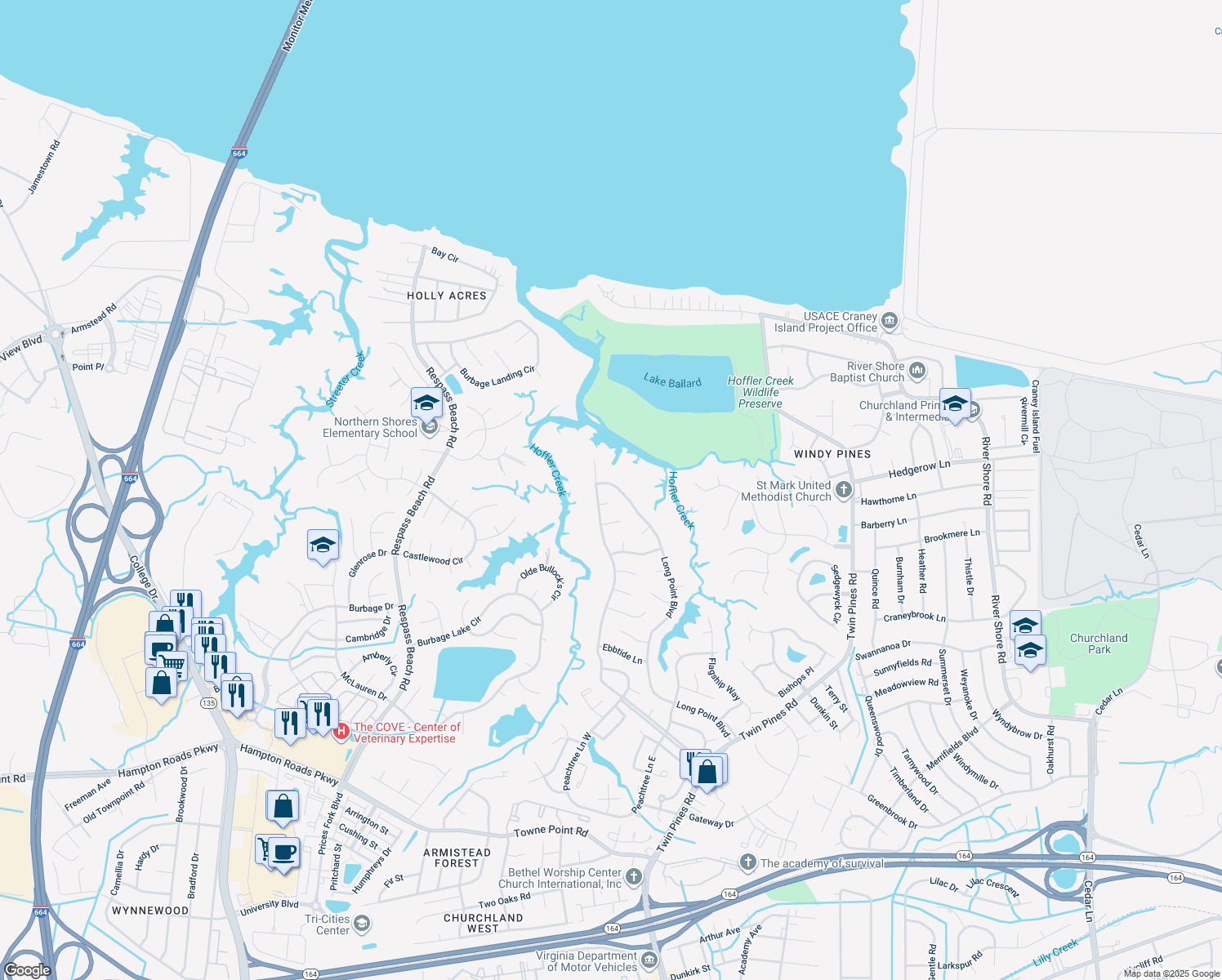 map of restaurants, bars, coffee shops, grocery stores, and more near 4030 Long Point Boulevard in Portsmouth