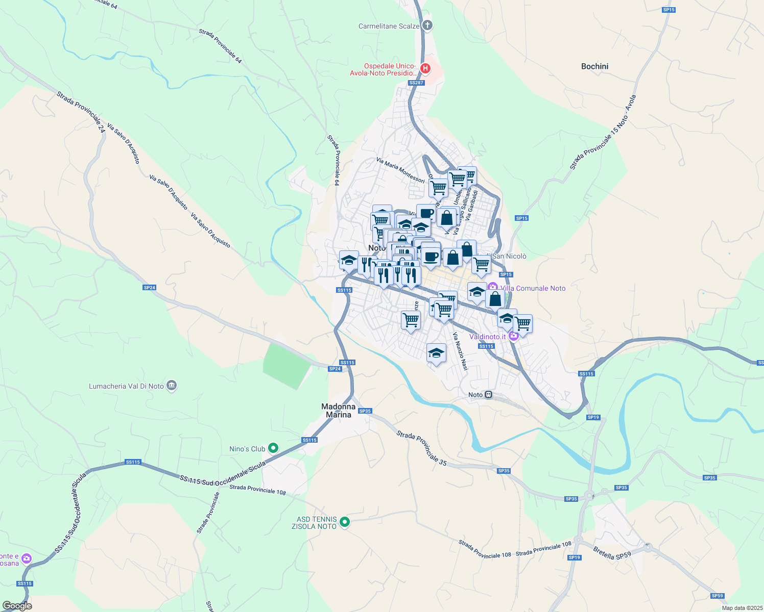 map of restaurants, bars, coffee shops, grocery stores, and more near 8 Via Giuseppe Verdi in Noto
