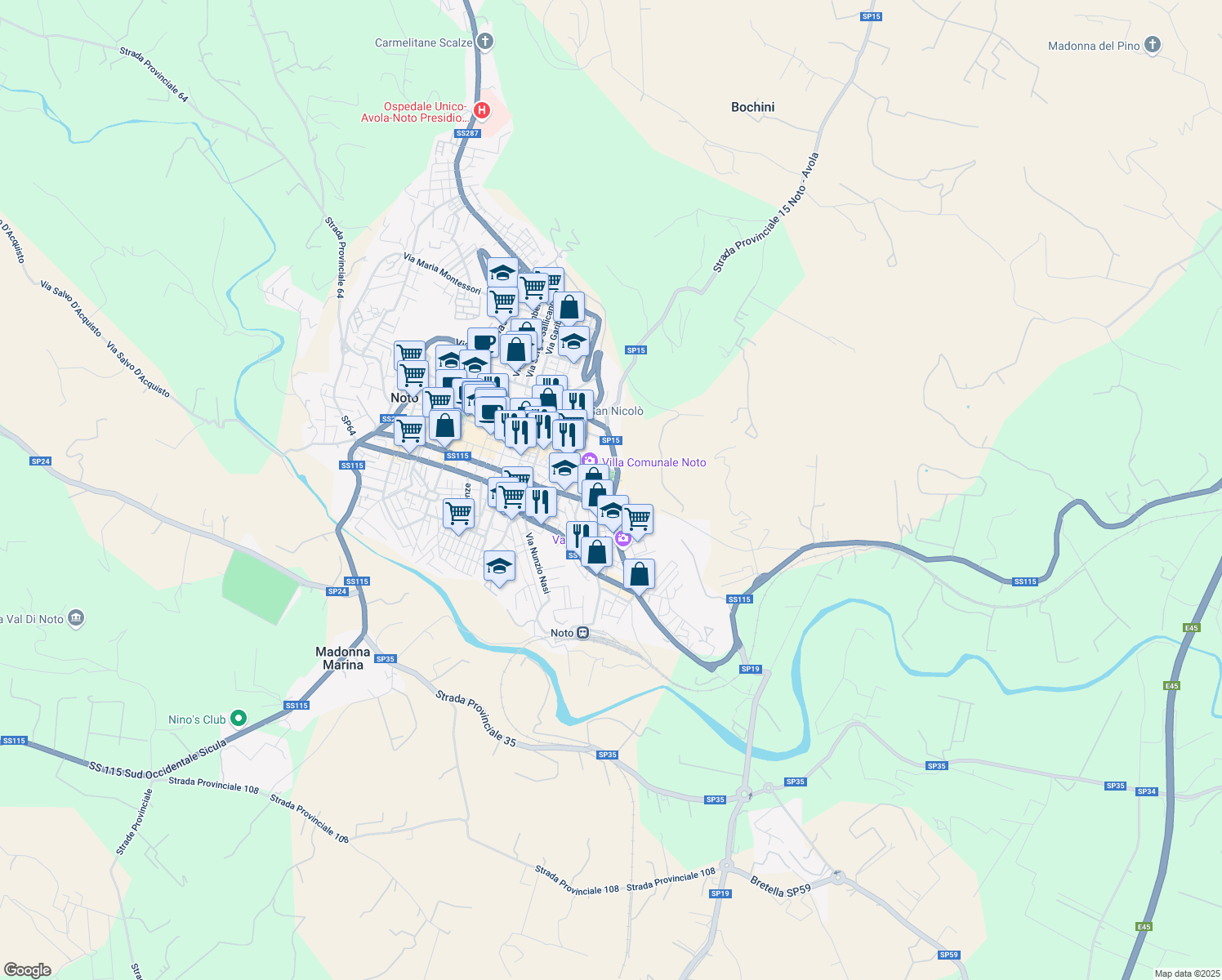 map of restaurants, bars, coffee shops, grocery stores, and more near 1 Via Camillo Benso Cavour in Noto