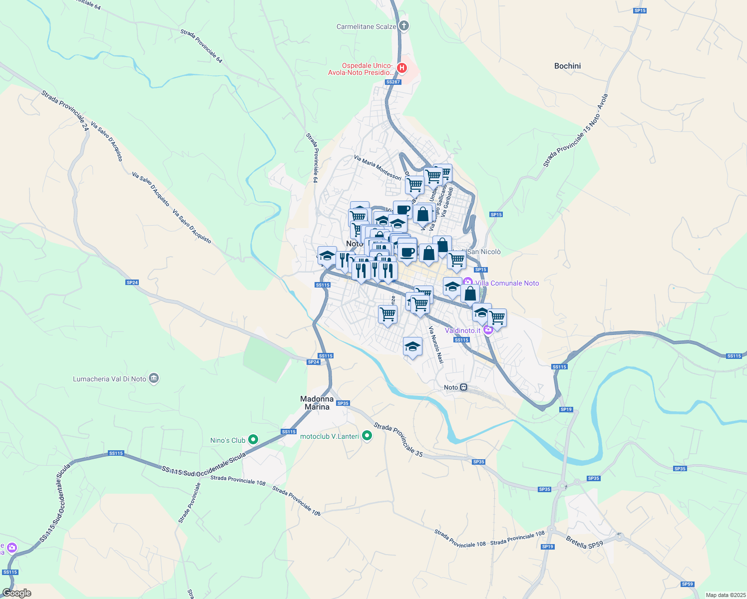 map of restaurants, bars, coffee shops, grocery stores, and more near Via Amerigo Vespucci in Noto