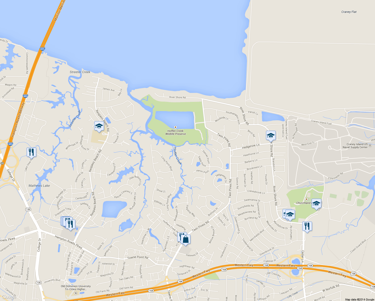 map of restaurants, bars, coffee shops, grocery stores, and more near 5986 Eagle Point in Portsmouth