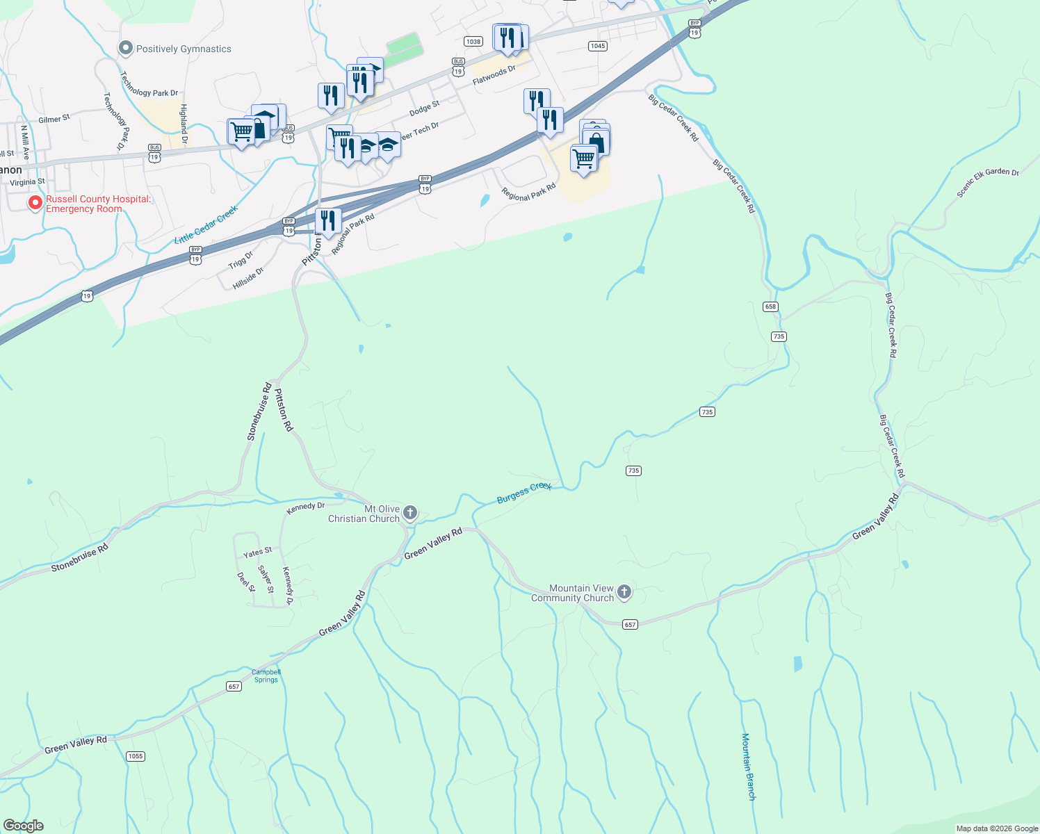 map of restaurants, bars, coffee shops, grocery stores, and more near 3951 Green Valley Road in Lebanon