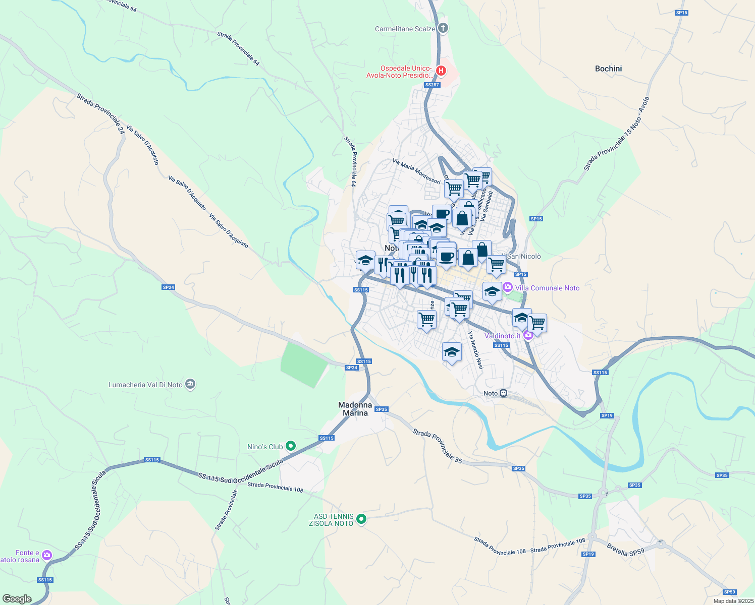 map of restaurants, bars, coffee shops, grocery stores, and more near 15 Via Gioacchino Rossini in Noto