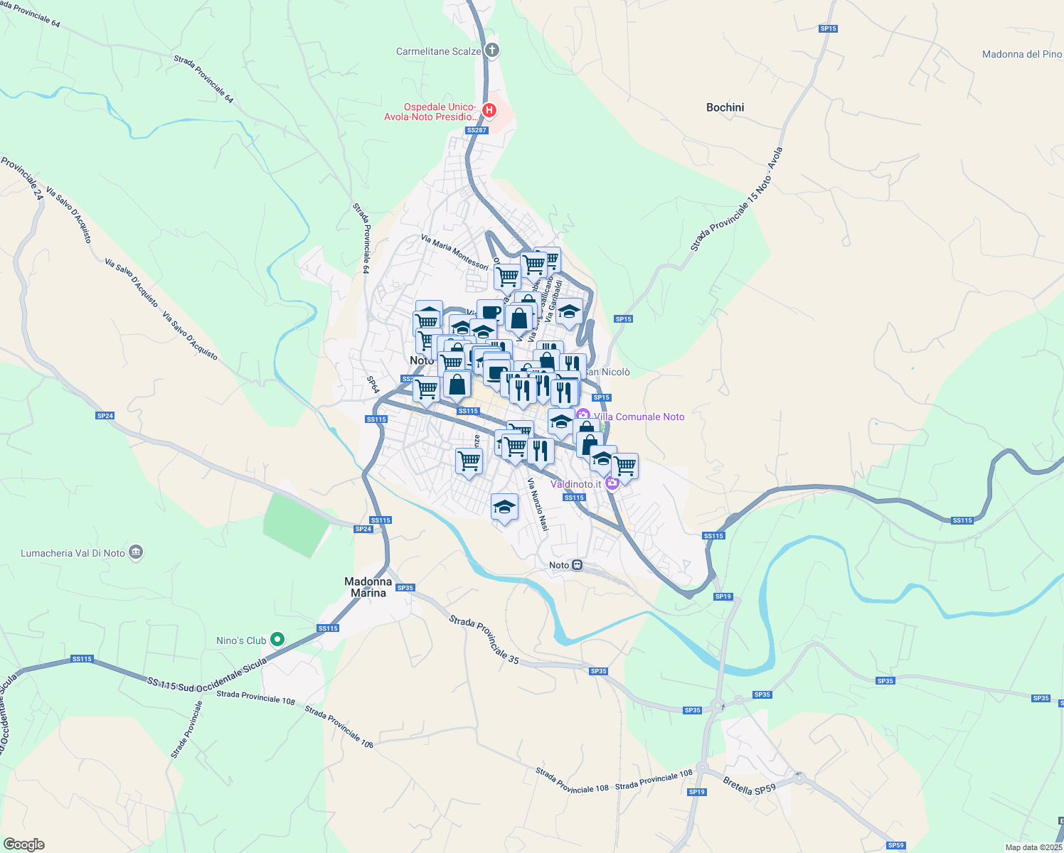 map of restaurants, bars, coffee shops, grocery stores, and more near Vico Messina in Noto