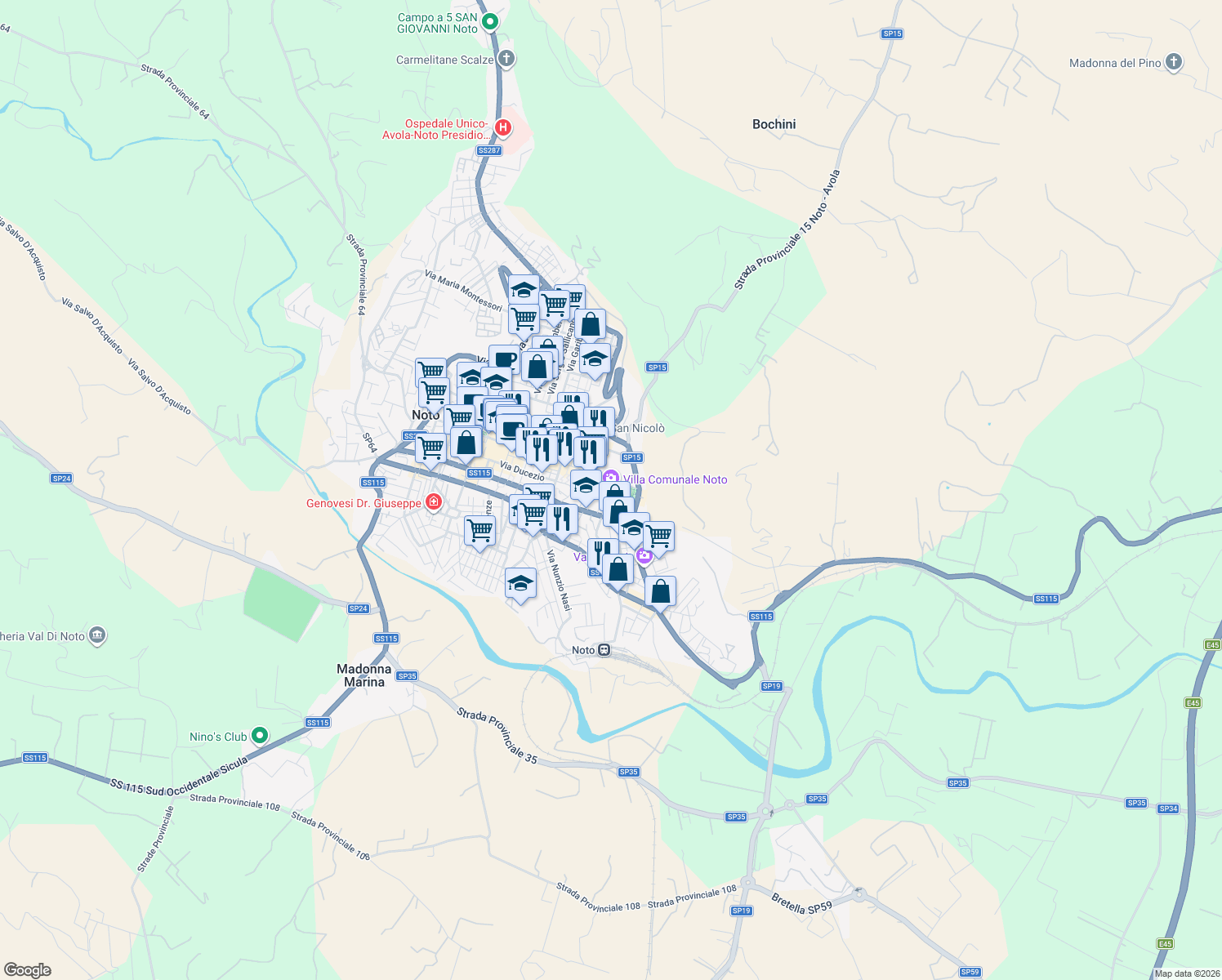 map of restaurants, bars, coffee shops, grocery stores, and more near in Noto