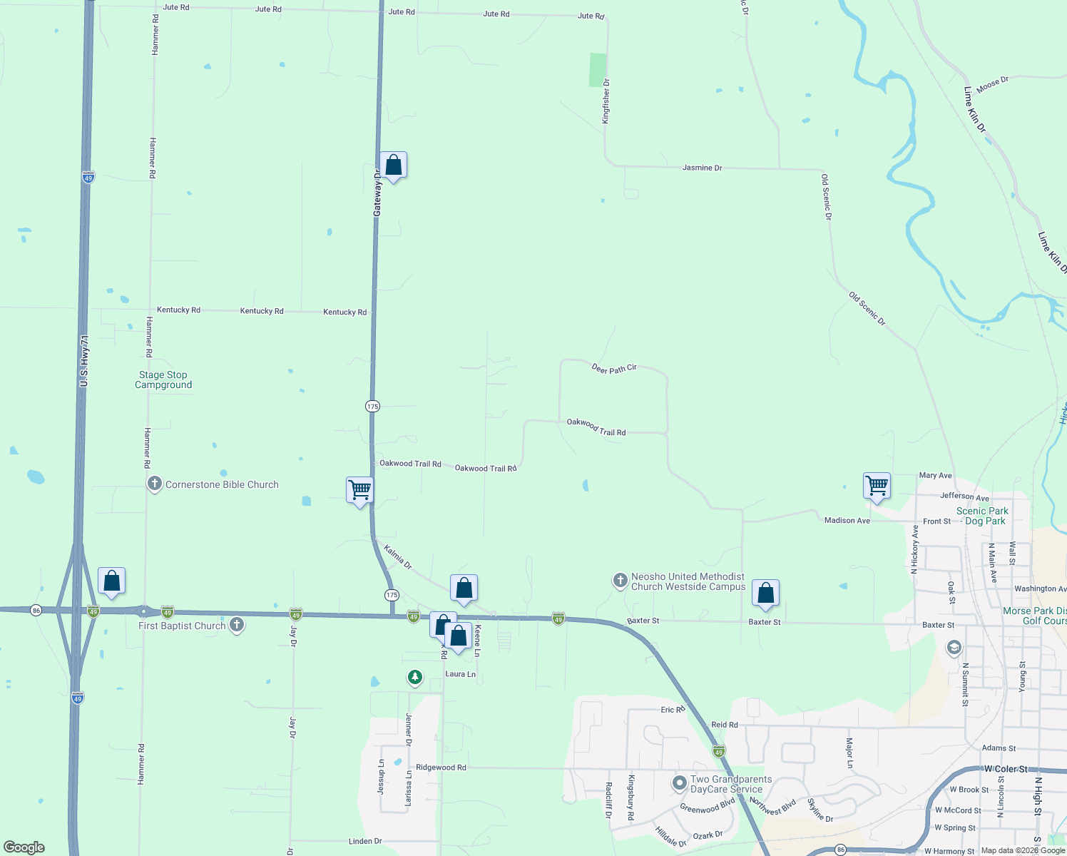 map of restaurants, bars, coffee shops, grocery stores, and more near 13030 Oakwood Trail Road in Neosho
