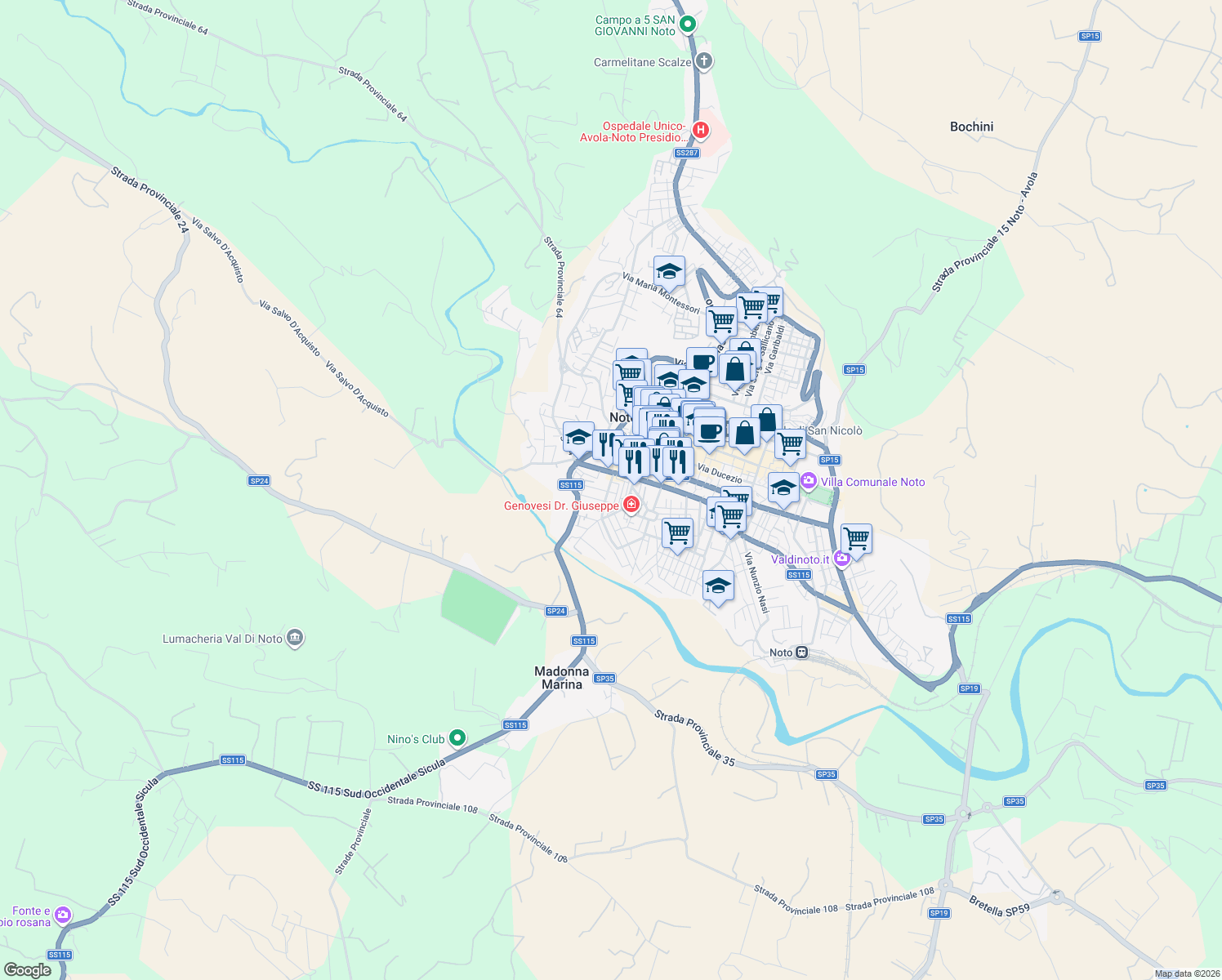 map of restaurants, bars, coffee shops, grocery stores, and more near 15A Via Arturo Toscanini in Noto