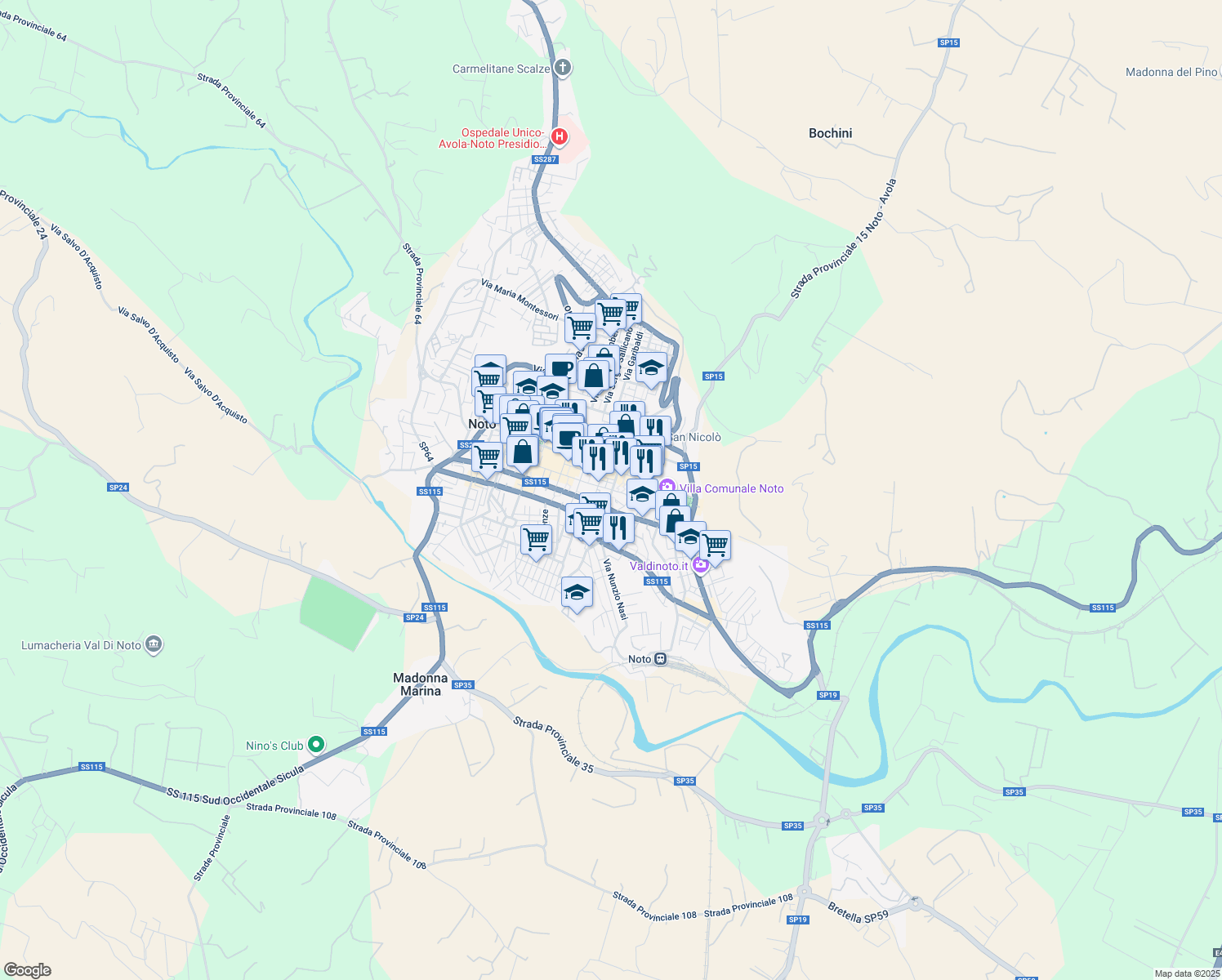 map of restaurants, bars, coffee shops, grocery stores, and more near Vico Messina in Noto