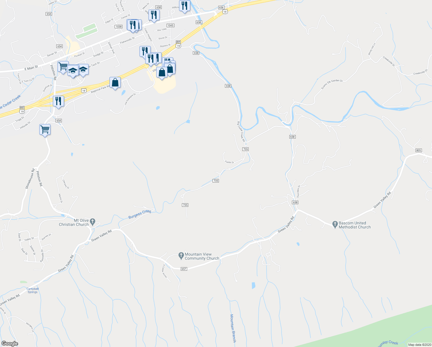 map of restaurants, bars, coffee shops, grocery stores, and more near 392 Burgess Lane in Lebanon