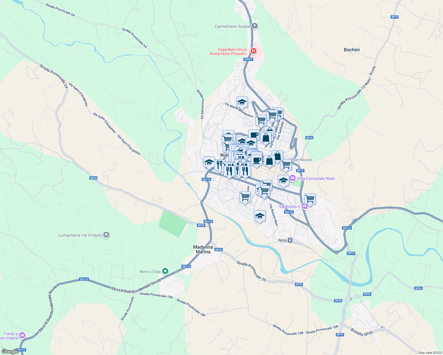 map of restaurants, bars, coffee shops, grocery stores, and more near 9 Via Arturo Toscanini in Noto