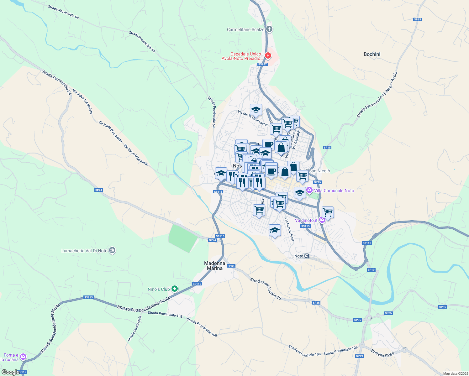 map of restaurants, bars, coffee shops, grocery stores, and more near 9 Via Arturo Toscanini in Noto