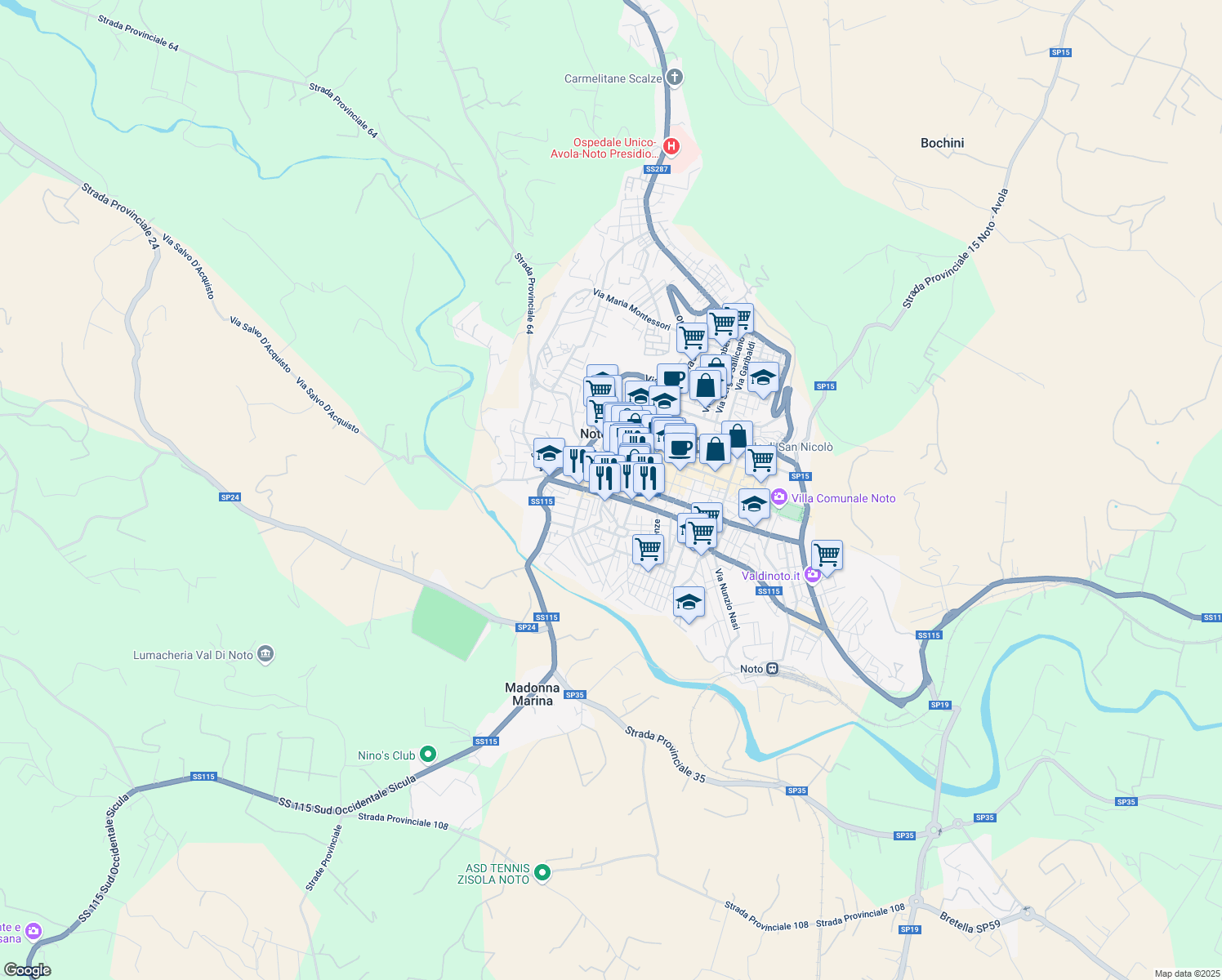map of restaurants, bars, coffee shops, grocery stores, and more near 39 Vico Carrubo in Noto