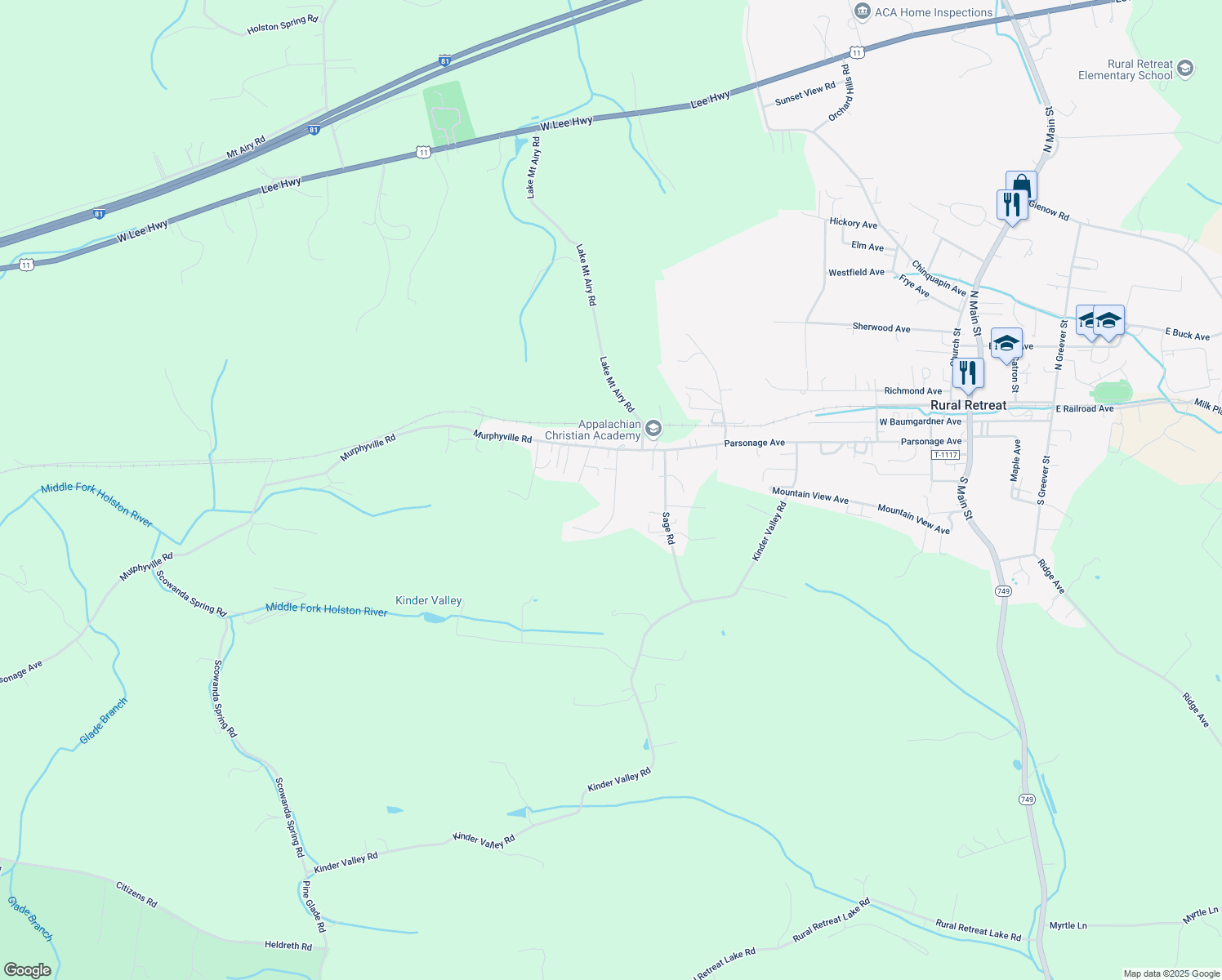 map of restaurants, bars, coffee shops, grocery stores, and more near 173 Earles Road in Rural Retreat