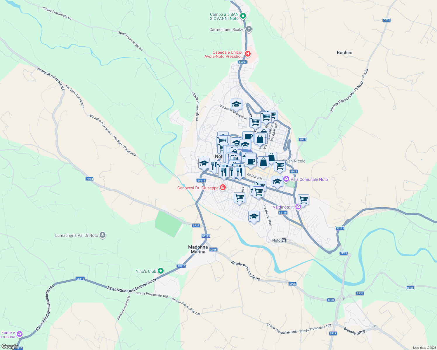 map of restaurants, bars, coffee shops, grocery stores, and more near 15A Via Arturo Toscanini in Noto