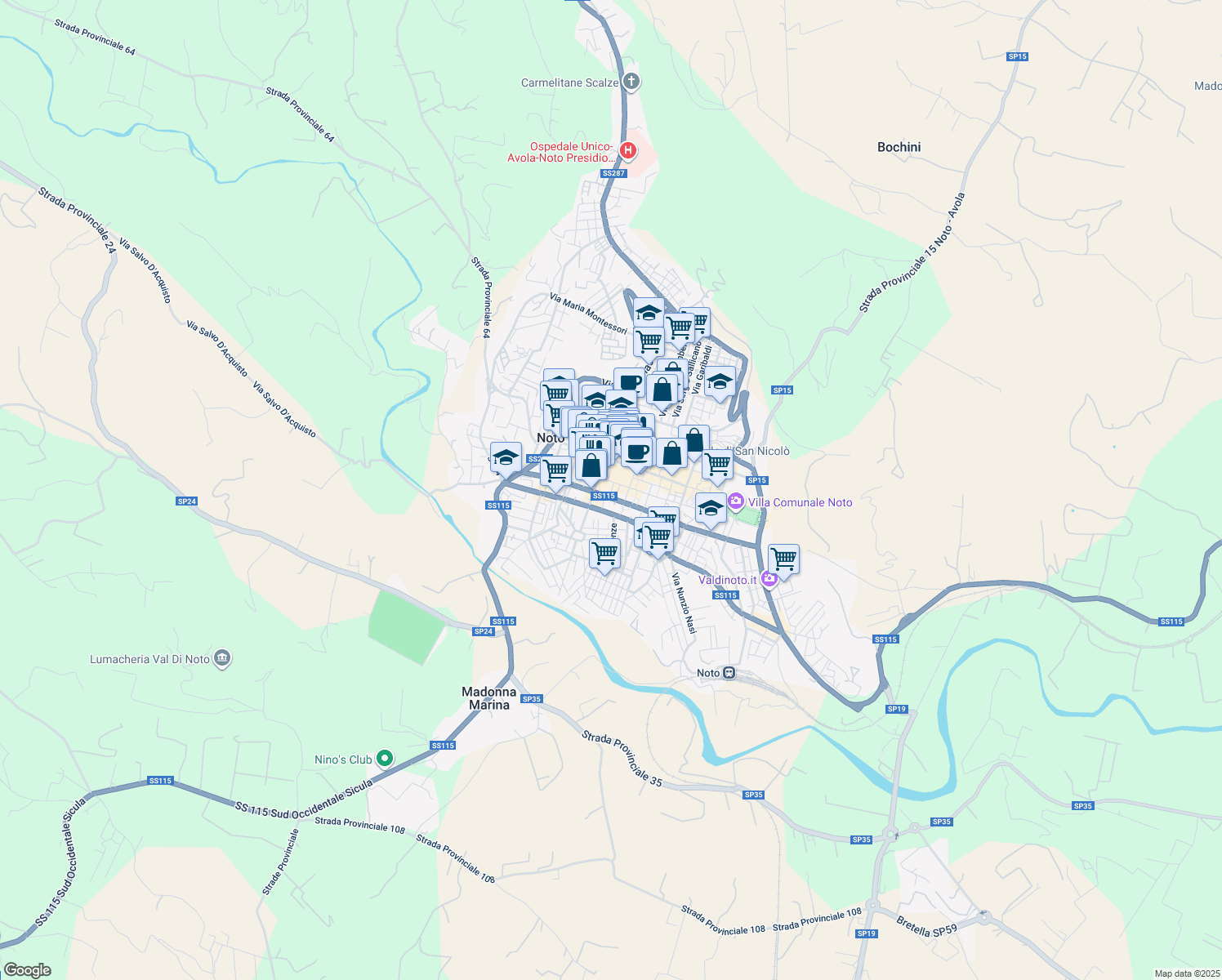 map of restaurants, bars, coffee shops, grocery stores, and more near 7 Via Arnaldo da Brescia in Noto