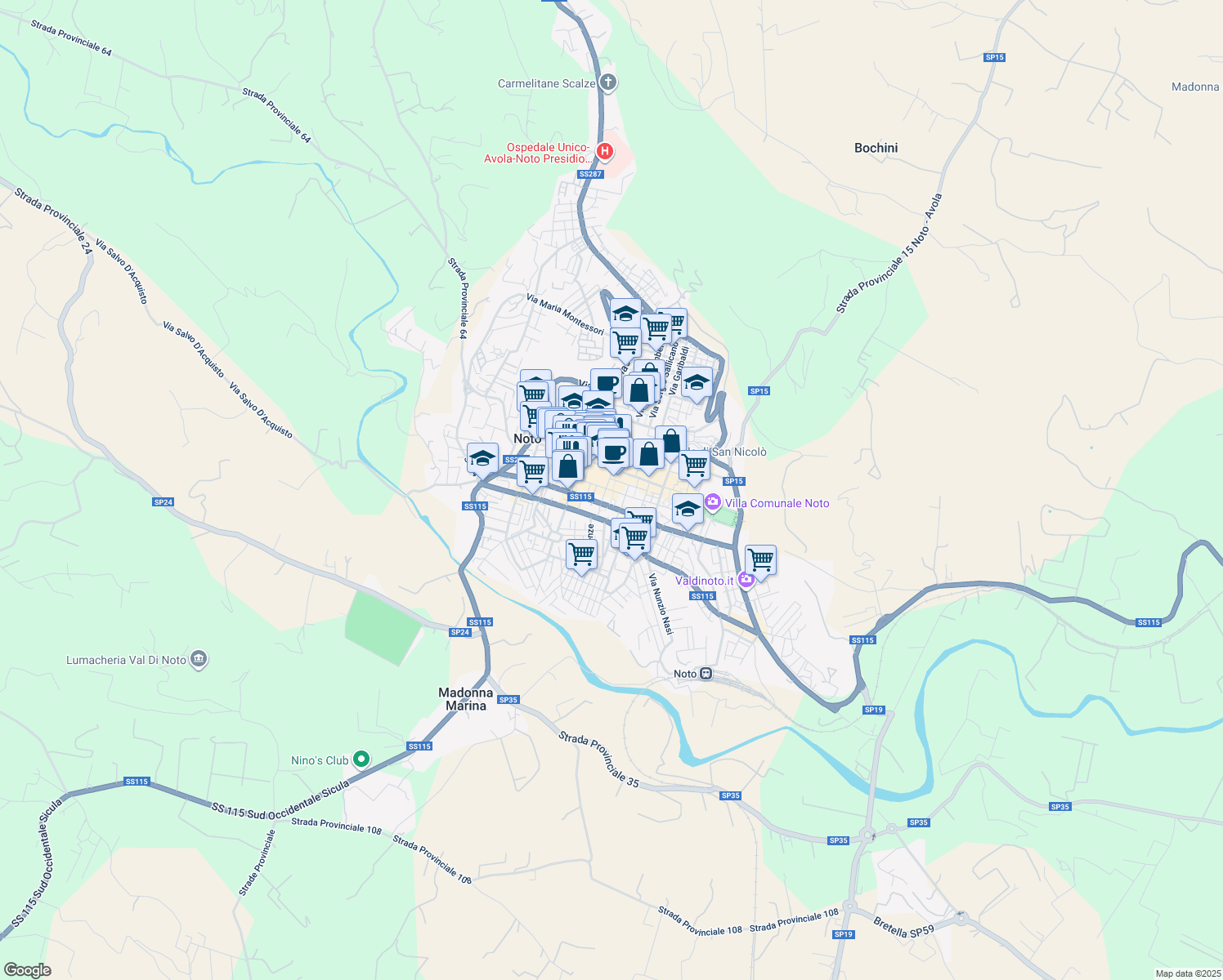 map of restaurants, bars, coffee shops, grocery stores, and more near 7 Via Arnaldo da Brescia in Noto