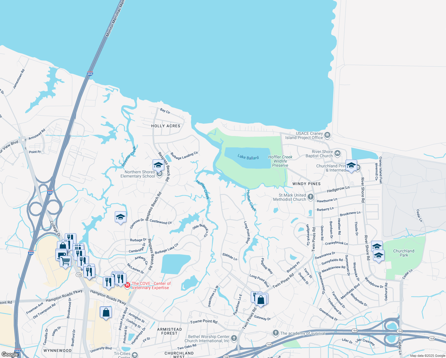 map of restaurants, bars, coffee shops, grocery stores, and more near 4033 Long Point Boulevard in Portsmouth