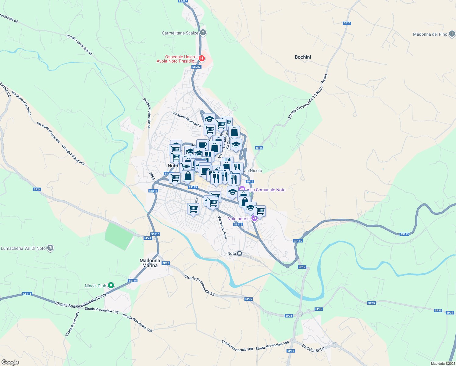 map of restaurants, bars, coffee shops, grocery stores, and more near 27 Via Archimede in Noto