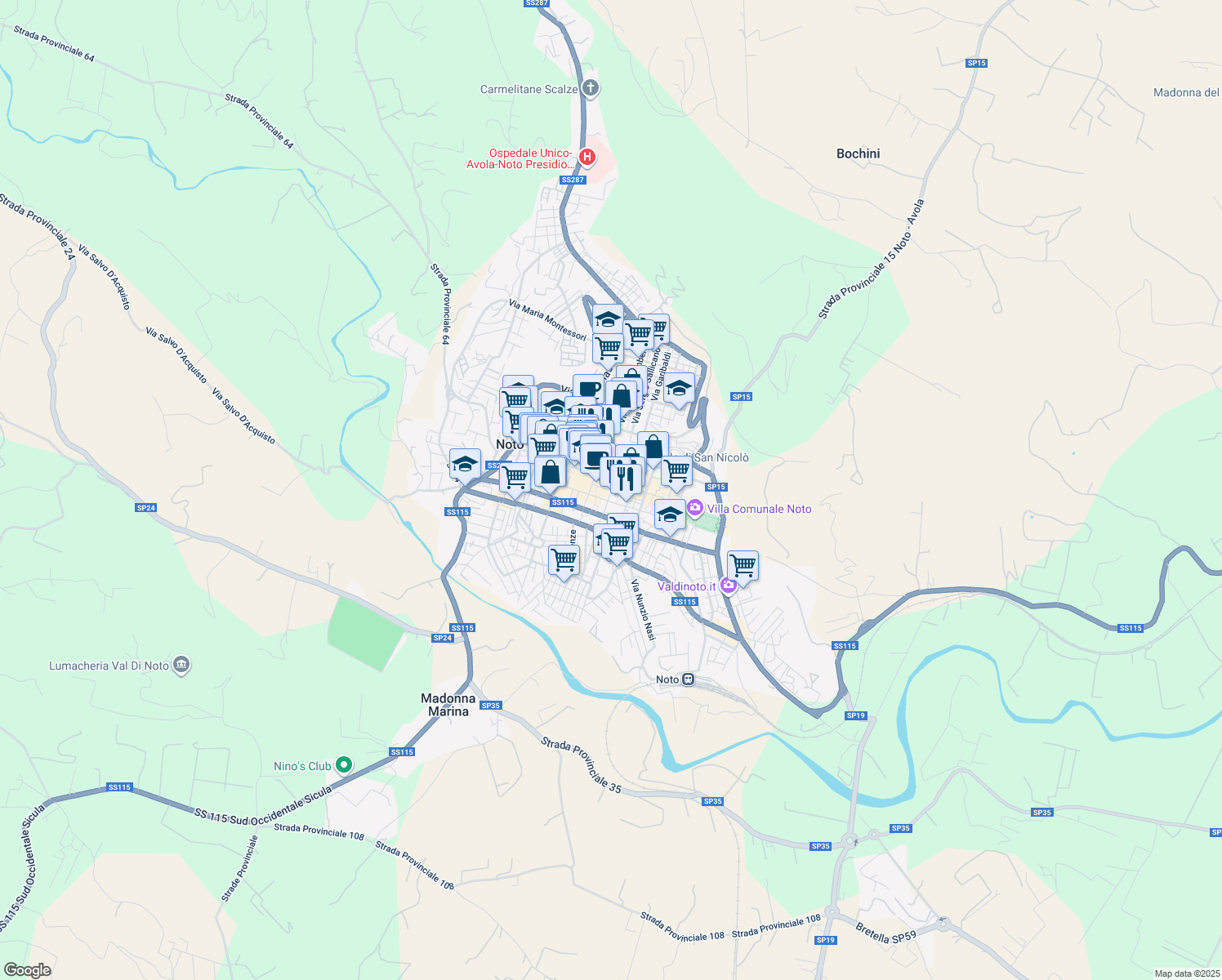 map of restaurants, bars, coffee shops, grocery stores, and more near 12 Via Silvio Spaventa in Noto