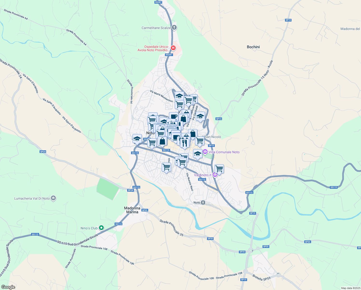 map of restaurants, bars, coffee shops, grocery stores, and more near 12 Via Silvio Spaventa in Noto
