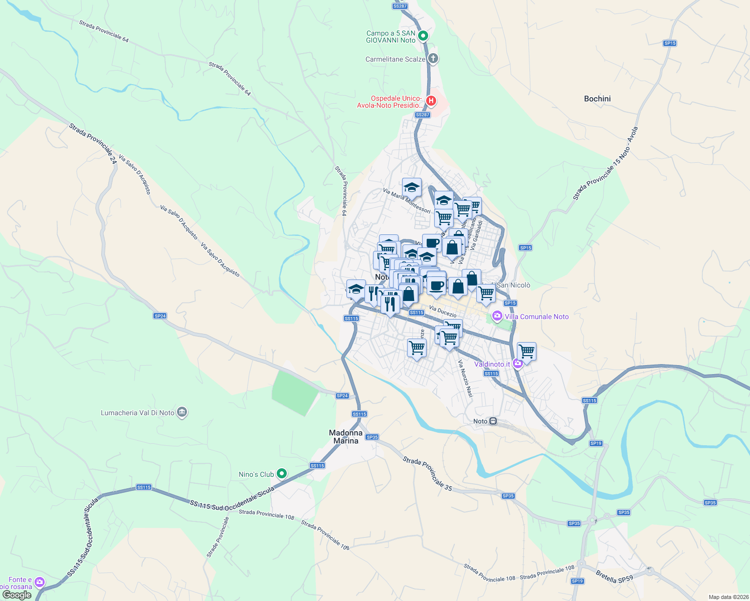 map of restaurants, bars, coffee shops, grocery stores, and more near 32 Via Giovanni Aurispa in Noto