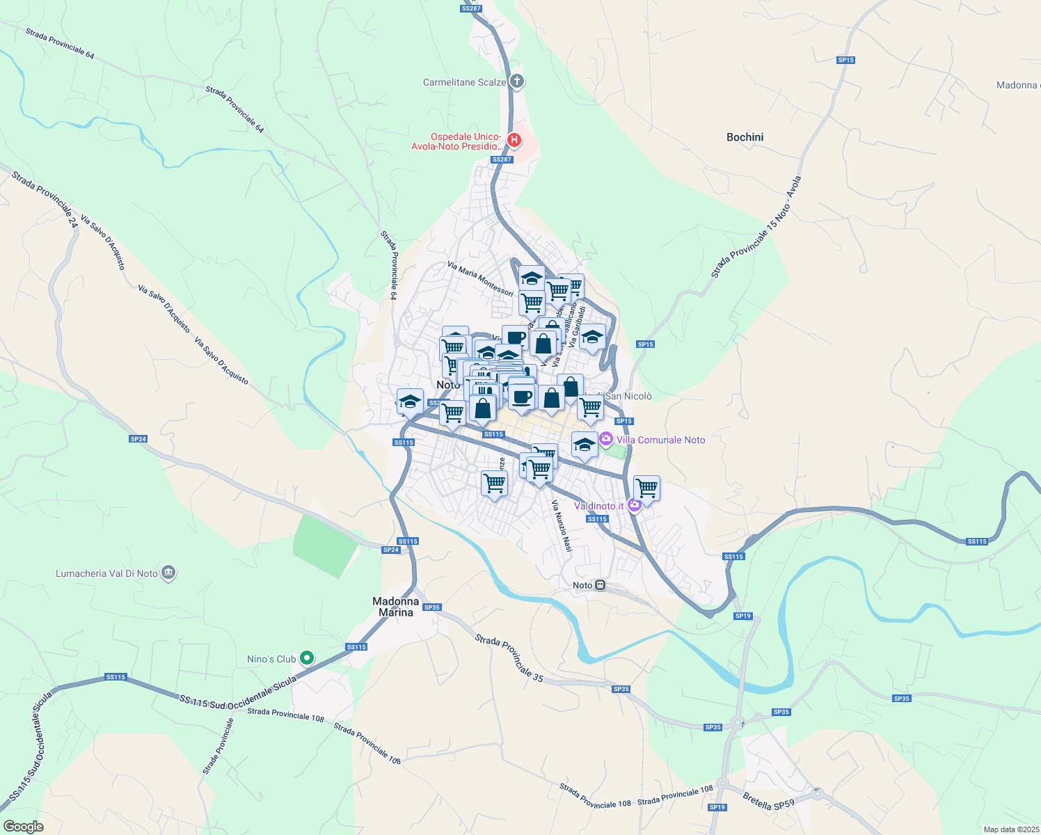map of restaurants, bars, coffee shops, grocery stores, and more near 7 Via Arnaldo da Brescia in Noto