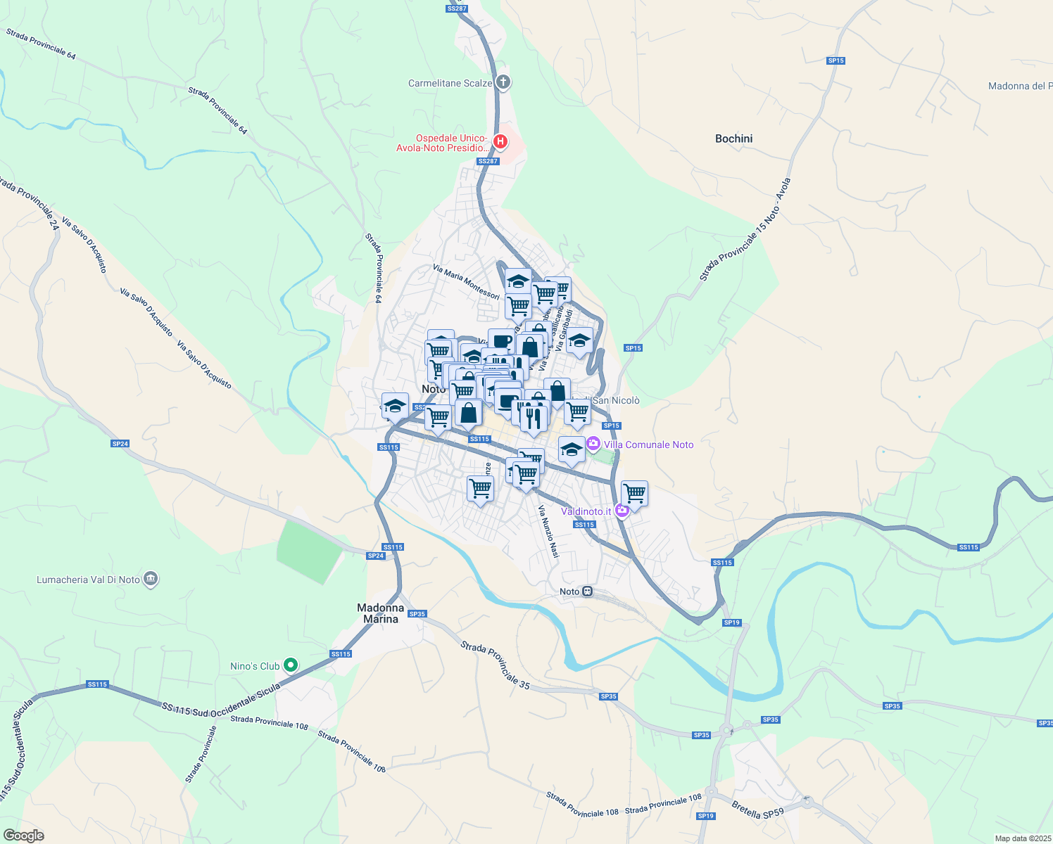 map of restaurants, bars, coffee shops, grocery stores, and more near Corso Vittorio Emanuele in Noto