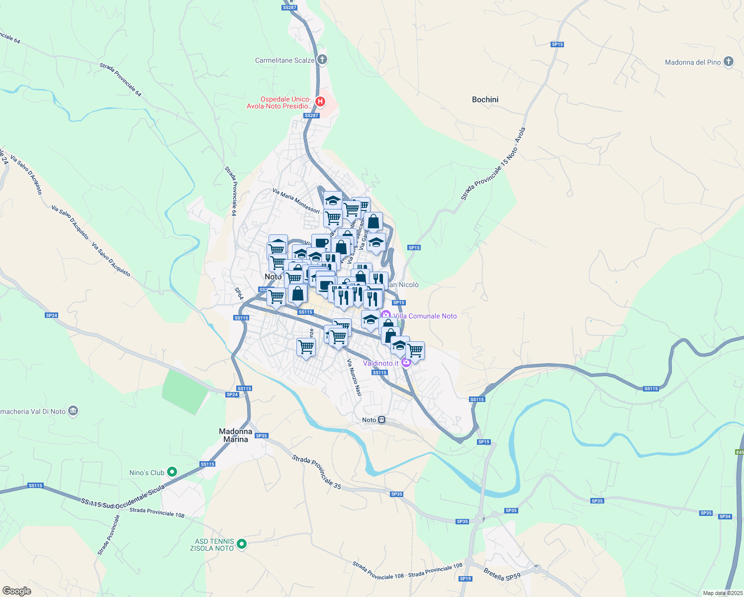 map of restaurants, bars, coffee shops, grocery stores, and more near 27 Via Archimede in Noto