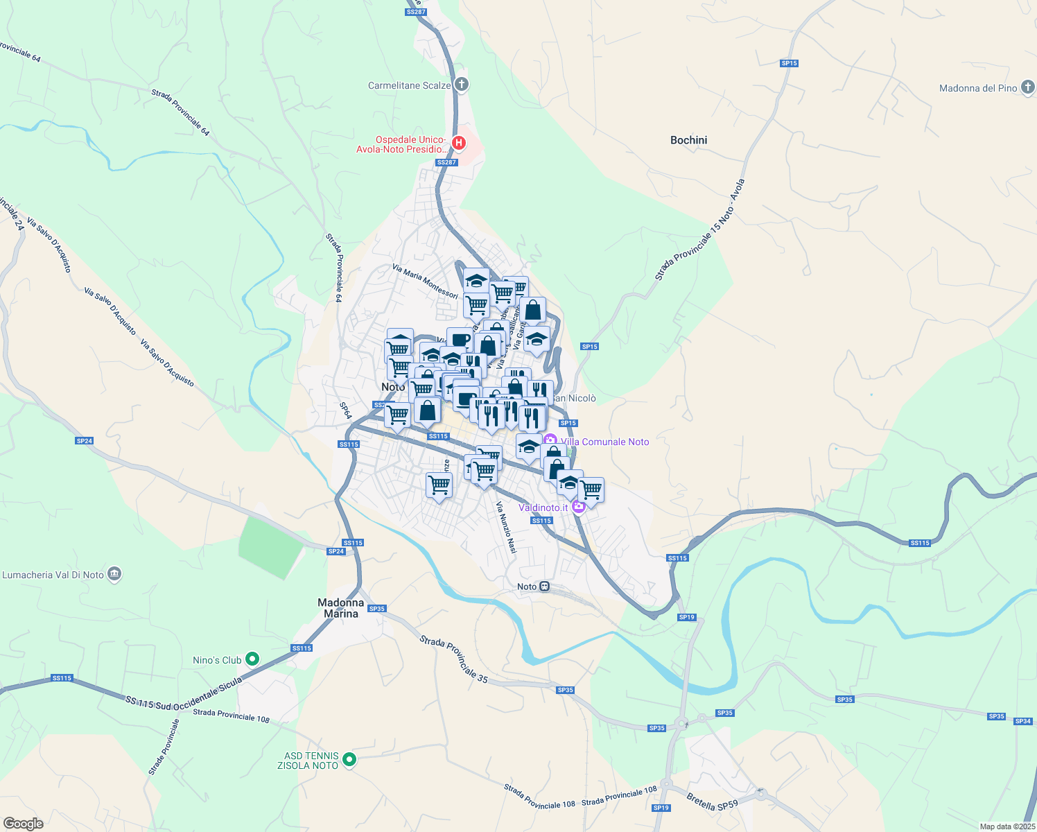 map of restaurants, bars, coffee shops, grocery stores, and more near 27 Via Archimede in Noto
