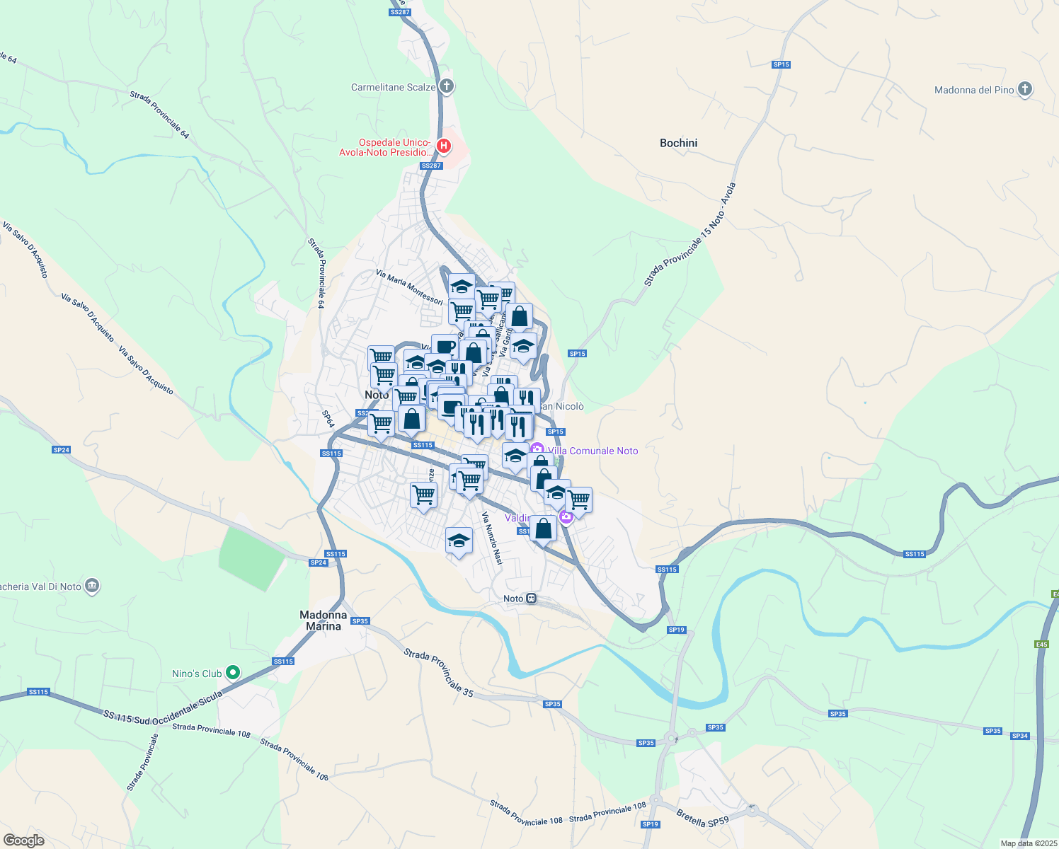 map of restaurants, bars, coffee shops, grocery stores, and more near 135 Via Camillo Benso Conte di Cavour in Noto