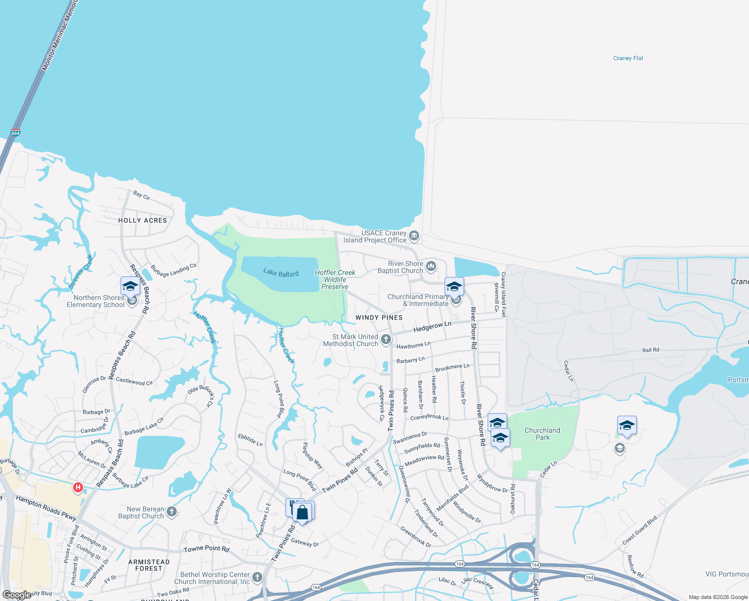 map of restaurants, bars, coffee shops, grocery stores, and more near 5802 Pleasant Woods Ct in Portsmouth